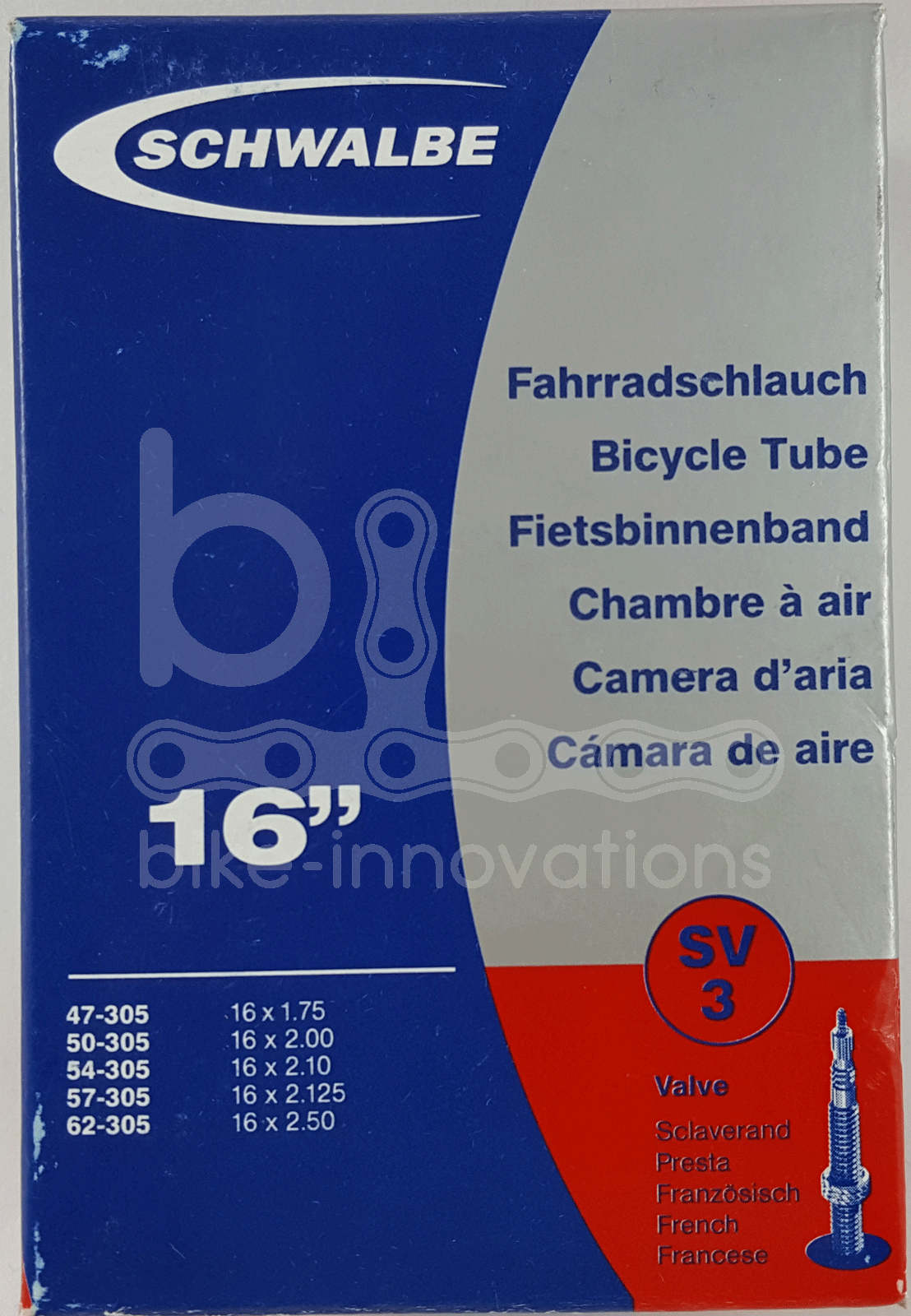 Ventil SV 3 Schwalbe Fahrradschlauch 16 Zoll mit Sclaverand Renn 