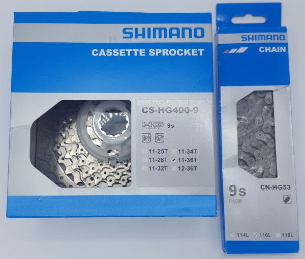 Verschleißset SHIMANO Kassette CS-HG400-9 11-36Z + Kette CN-HG53 116 Glieder 9-fach OVP